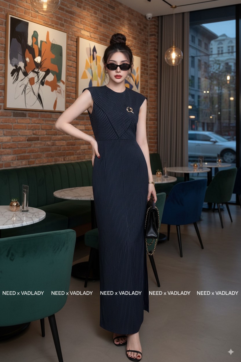 NEEDxVADLADY-Đầm xanh than kẻ trắng New Tags