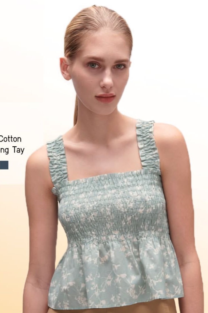 Áo 2 dây xanh nhún họa tiết Uniqlo