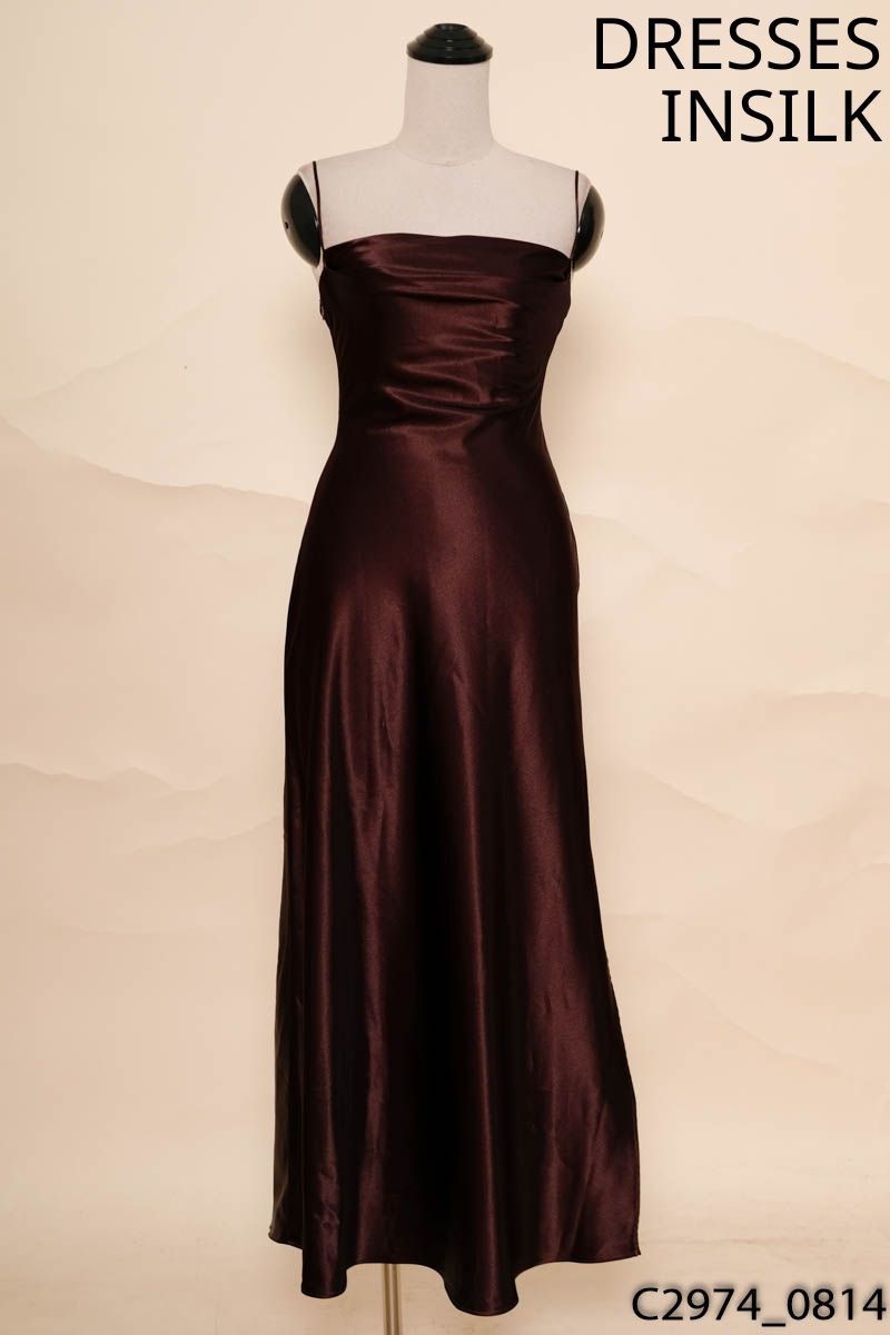 DRESSESINSILK- Đầm 2 dây nâu xẻ tà