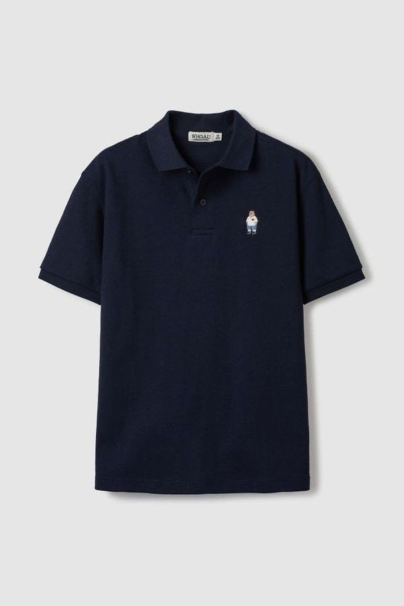 WHO.A.U-Áo polo xanh than thêu gấu