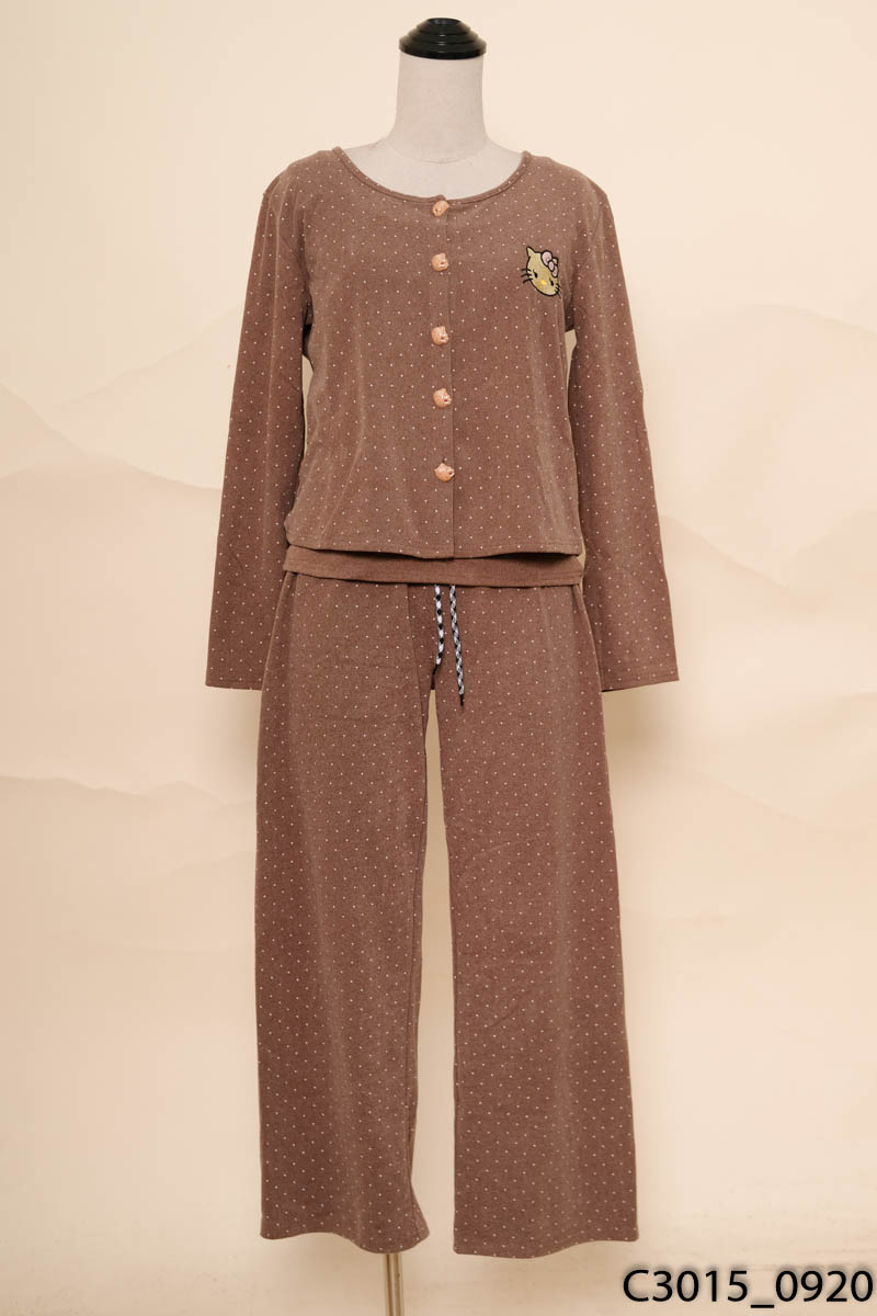 Bộ ngủ nỉ cotton nâu chấm bi 3 món
