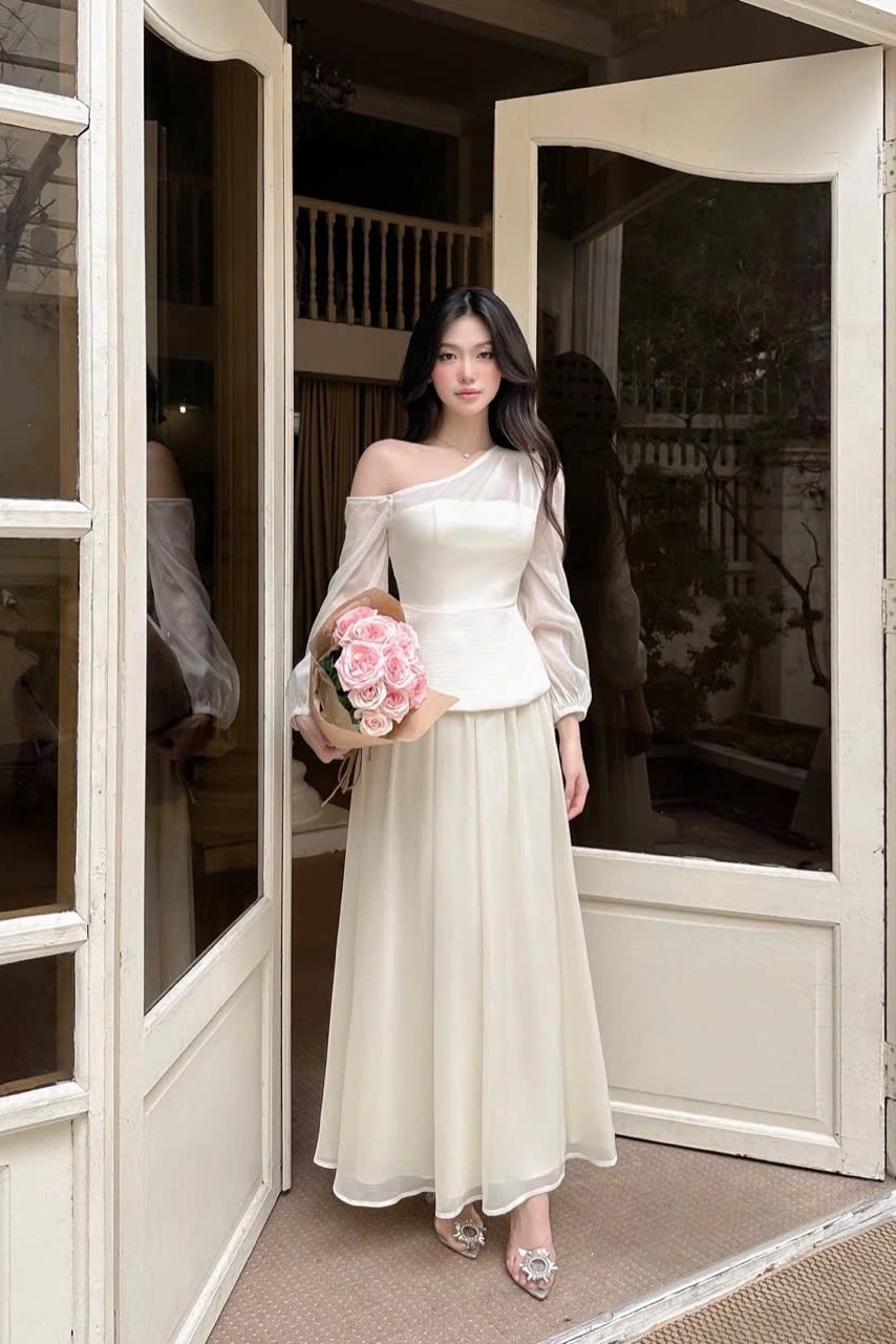 ELYSNIE - Set áo be lệch vai + chân váy New Tags