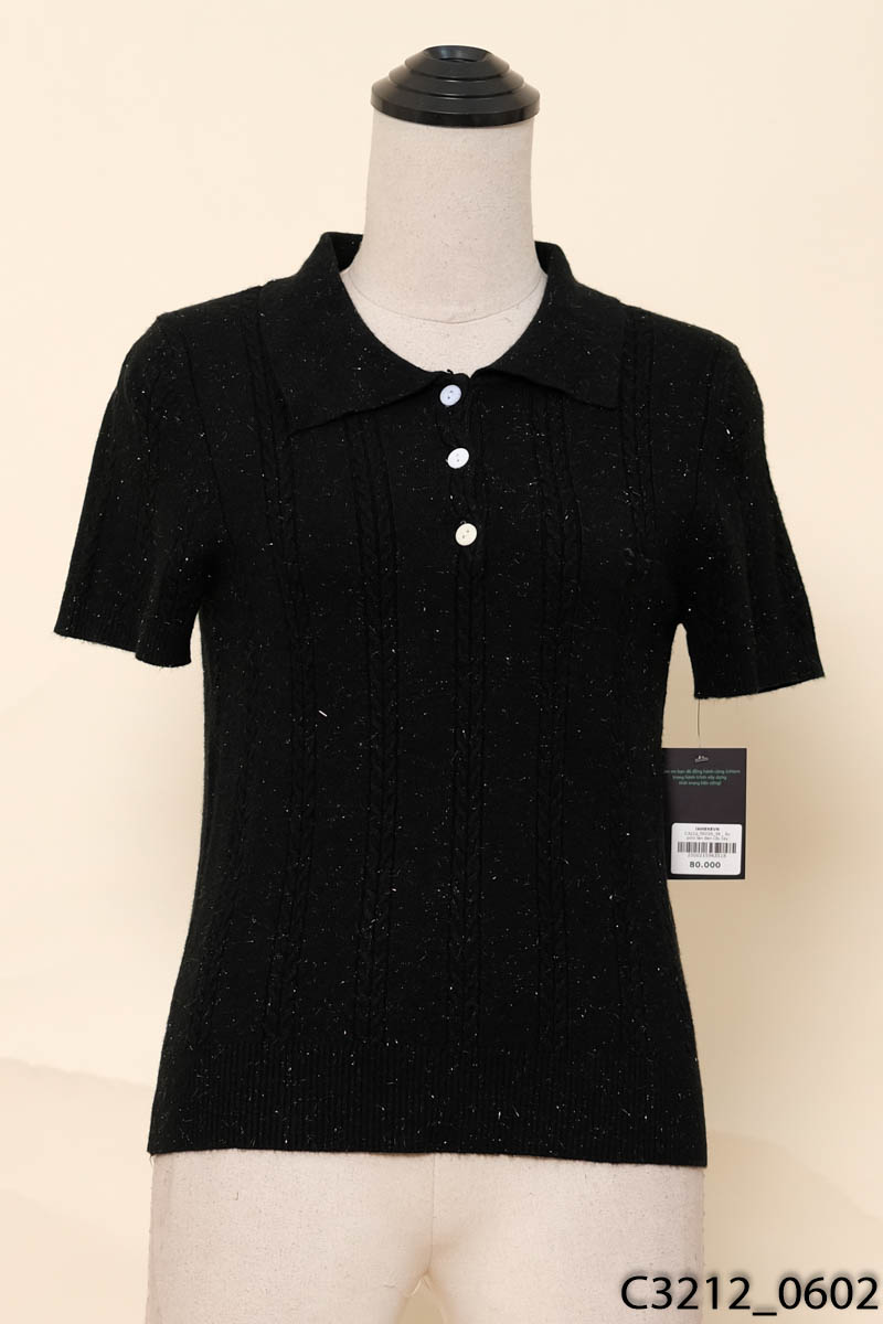 Áo polo len đen cộc tay