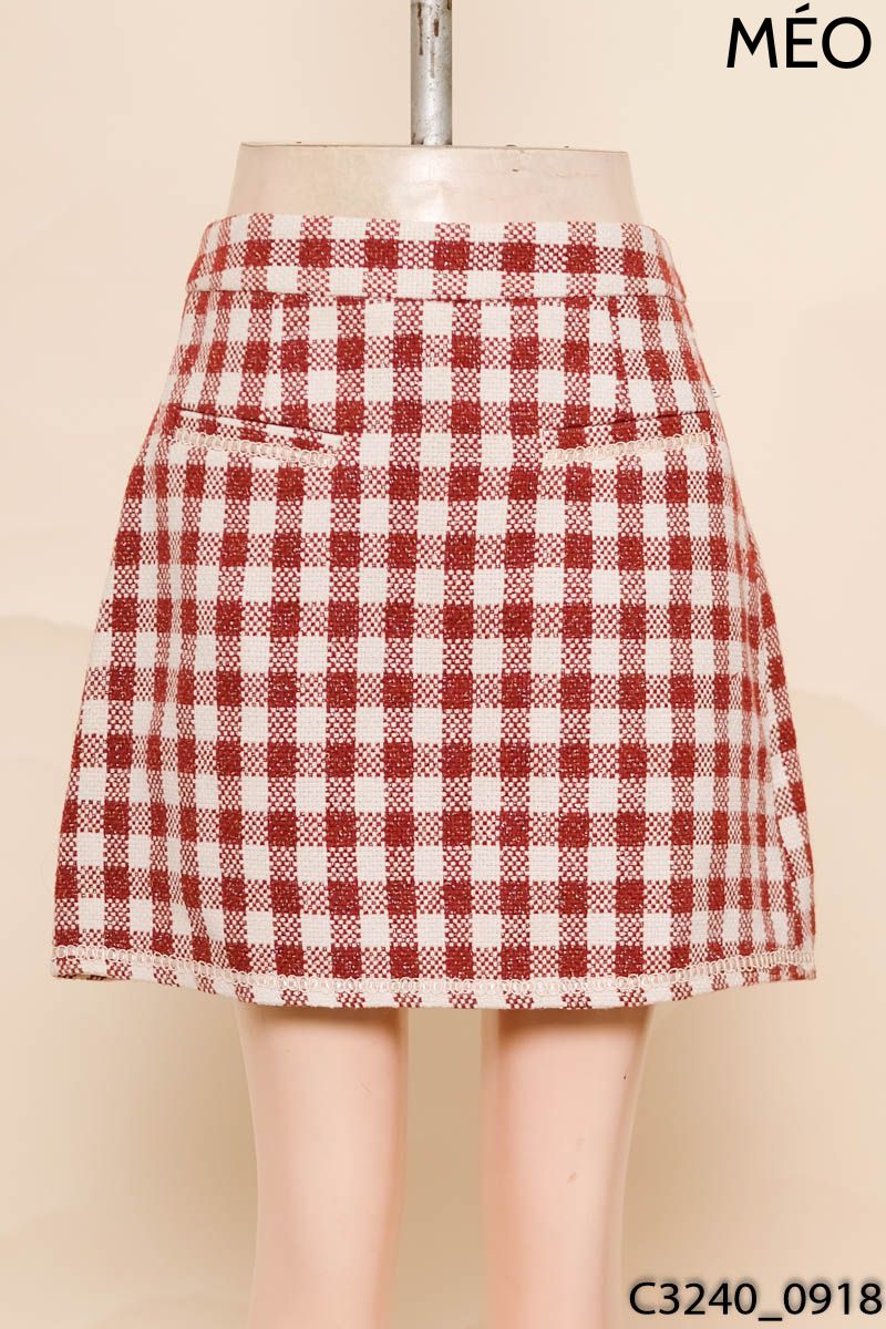 Chân váy dạ tweed kẻ caro đen trắng méo