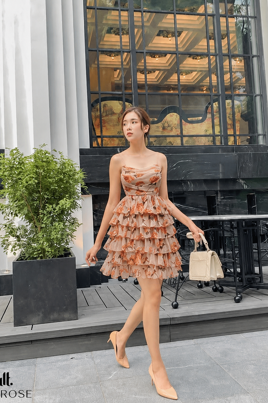 DT ROSE-Đầm 2 dây voan be họa tiết