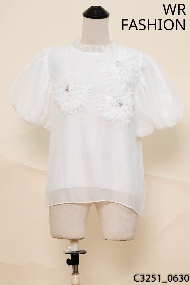 WR FASHION-Áo babydoll trắng đính hoa