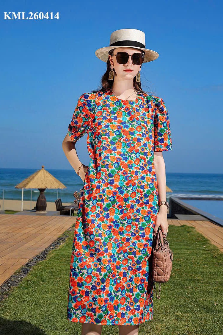 Đầm suông be nâu hoa nhiều màu New Tags