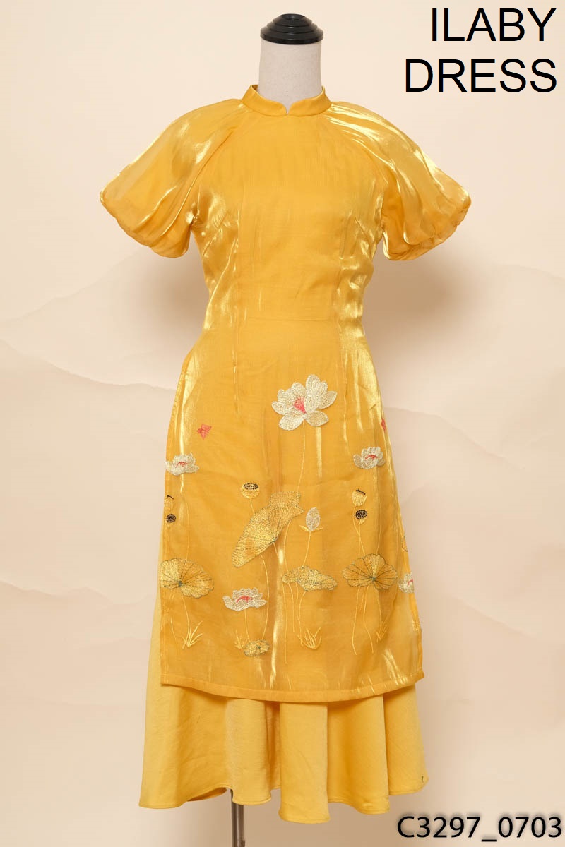 ILABY DRESS - Áo dài vàng tay bồng phối lưới họa tiết