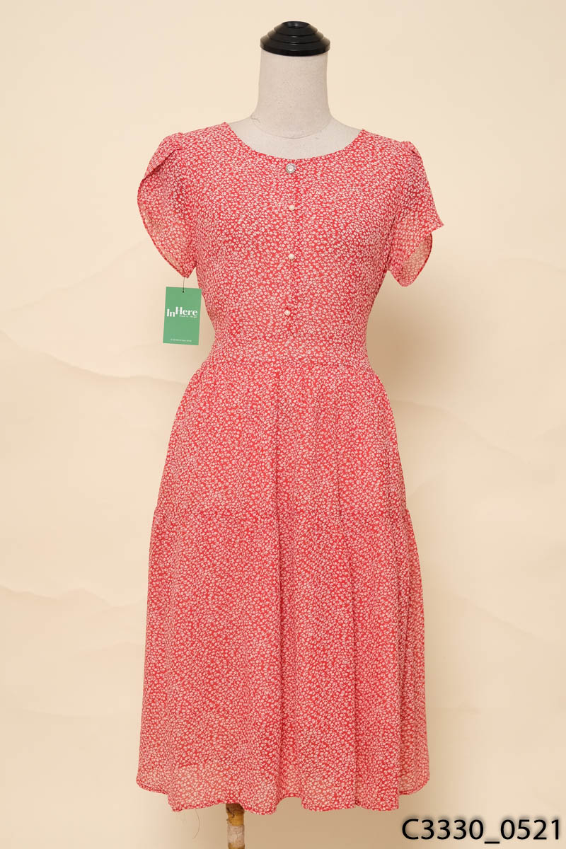 H BOUTIQUE-Đầm đỏ hoa nhí trắng