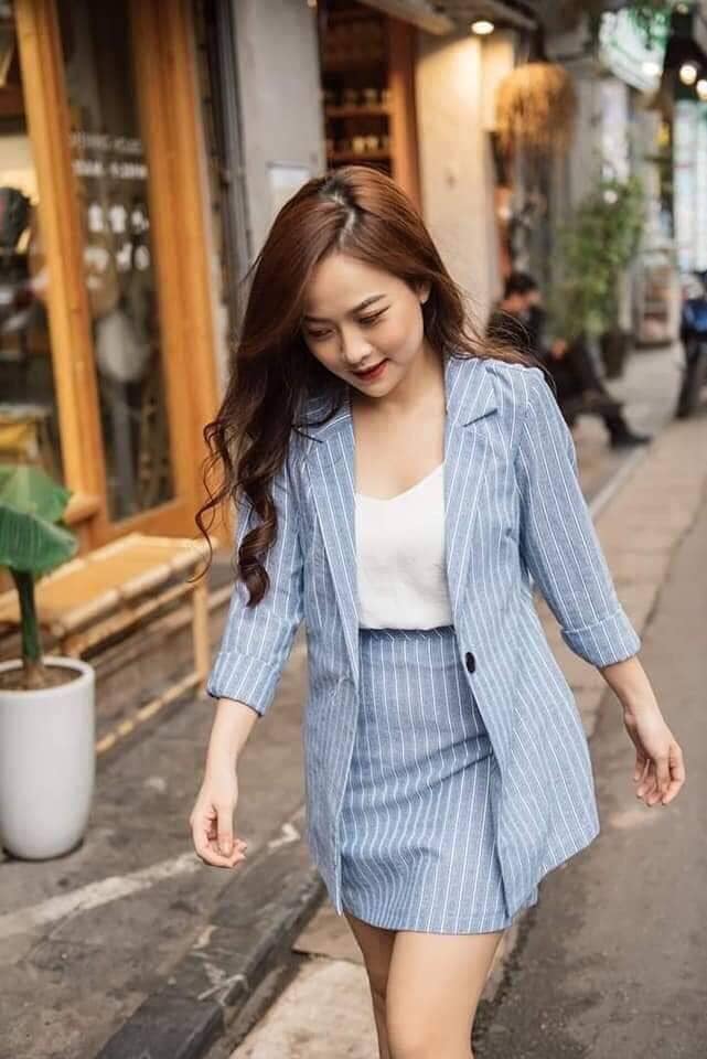 MAIIMER-Set xanh kẻ trắng