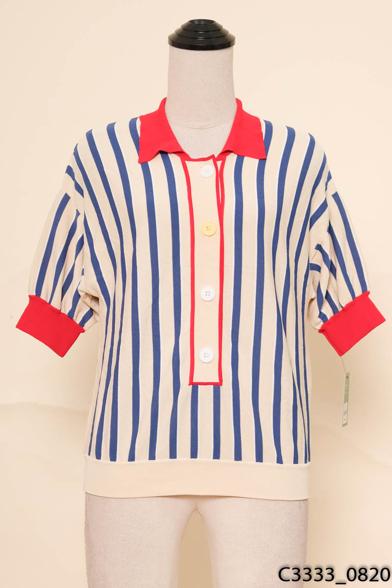 Áo polo be kẻ xanh cổ đỏ