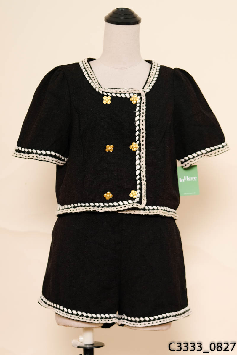 Set áo dạ tweed đen + quần shorts