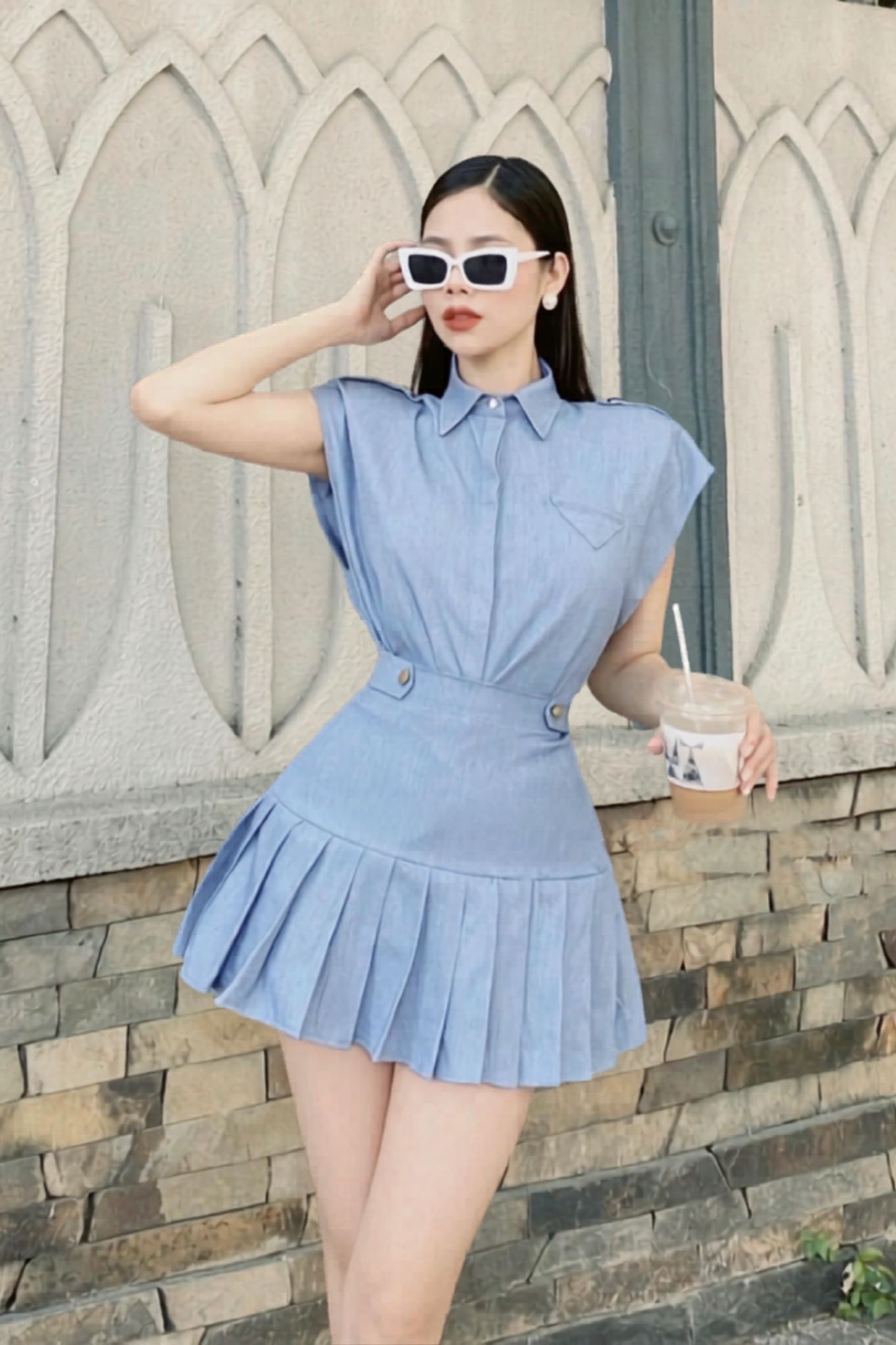 RDY BOUTIQUE-Set áo+ chân váy xanh xám