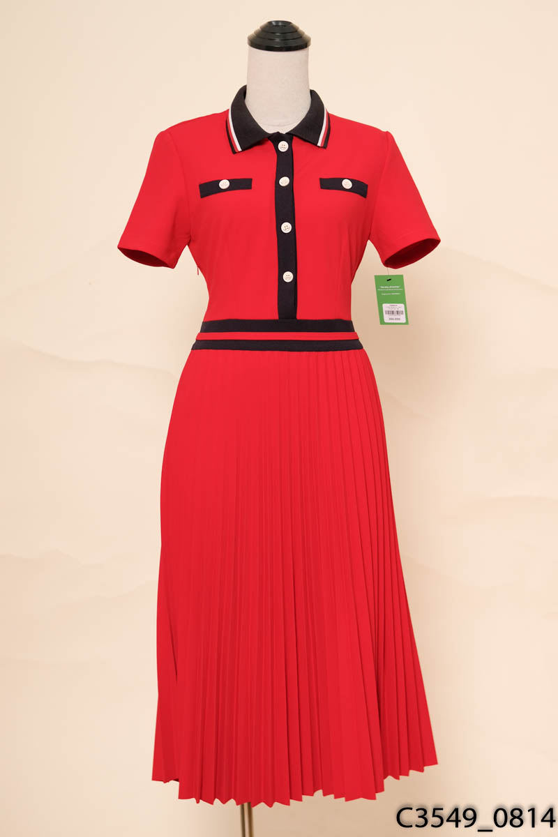 Đầm đỏ phối đen xếp ly Tommy Hilfiger