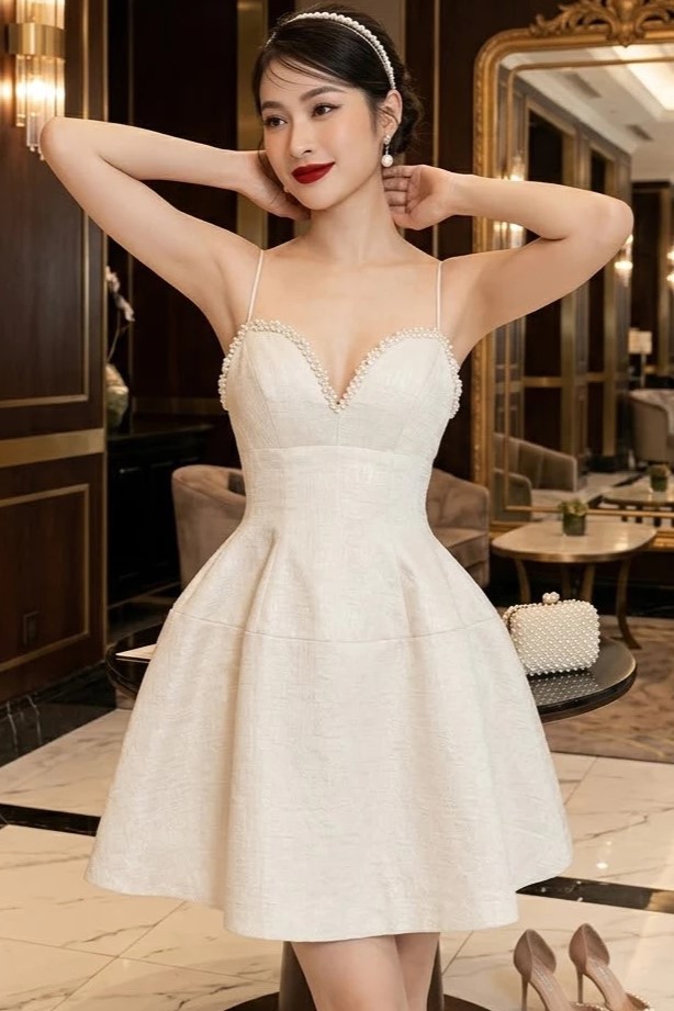 CHING' S - Đầm 2 dây be đính ngọc trai