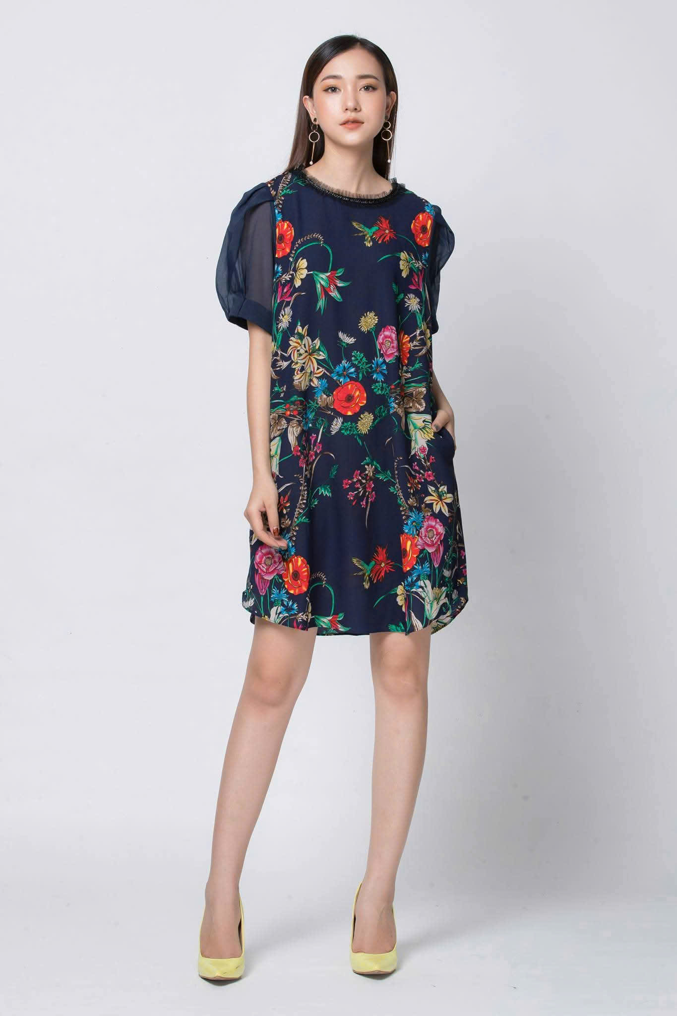 Đầm xanh than phối hoa lá Elise