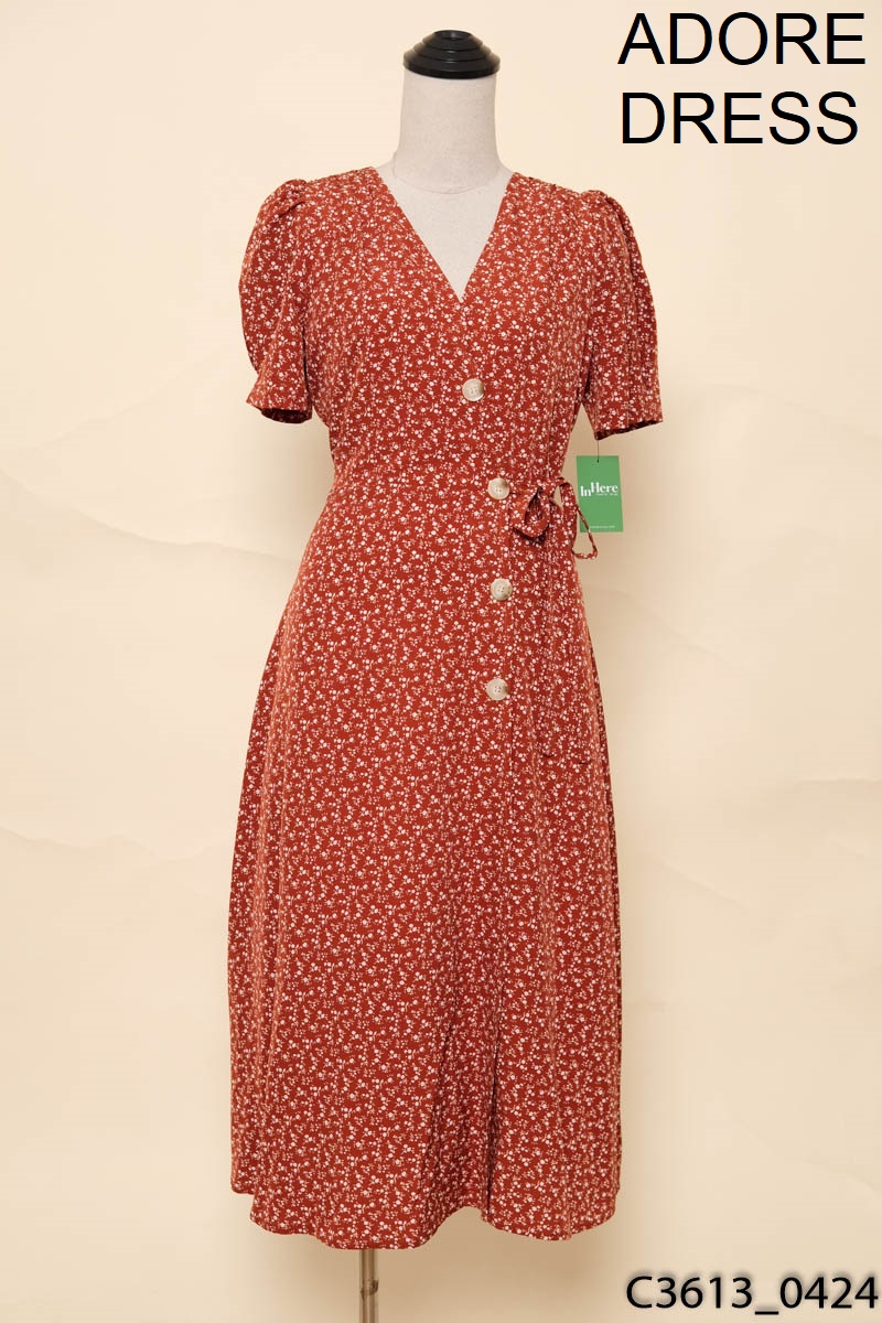 Đầm đỏ nâu họa tiết hoa nhí Adore Dress