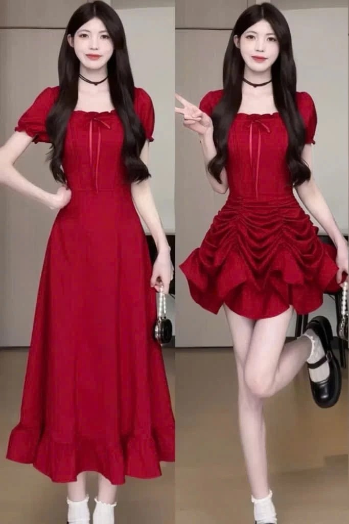 NT DESIGNERS - Đầm đỏ cổ vuông bo chun tay