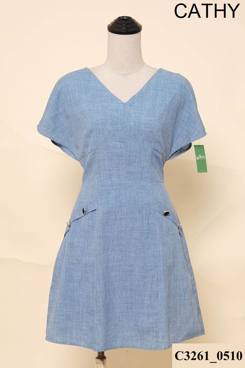 CATHY-Đầm xanh phối cúc