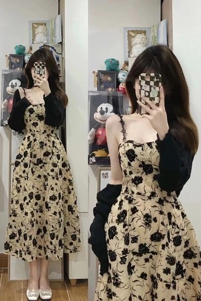 Đầm 2 dây be nâu họa tiết phối ren