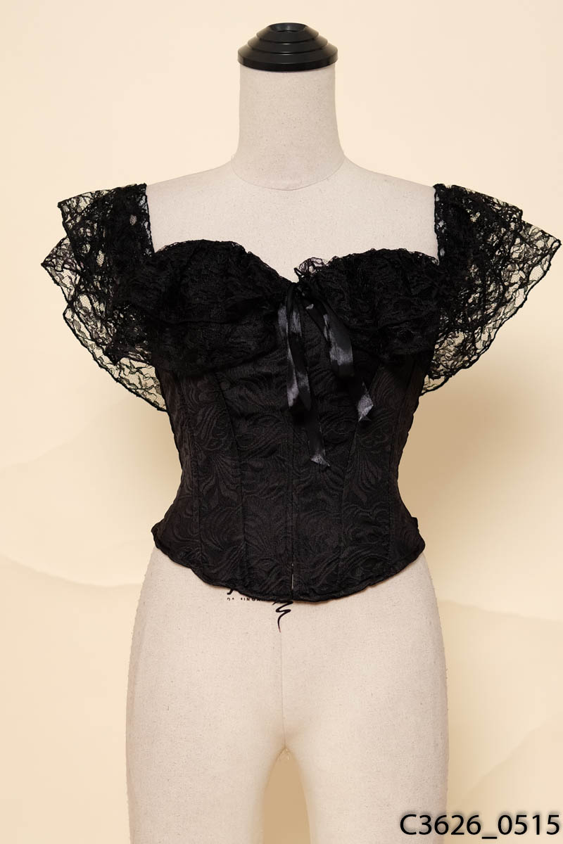 Áo corset đen trễ vai phối lưới ren