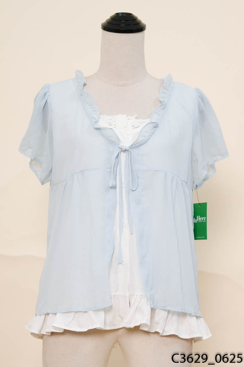 Áo babydoll xanh phối trắng