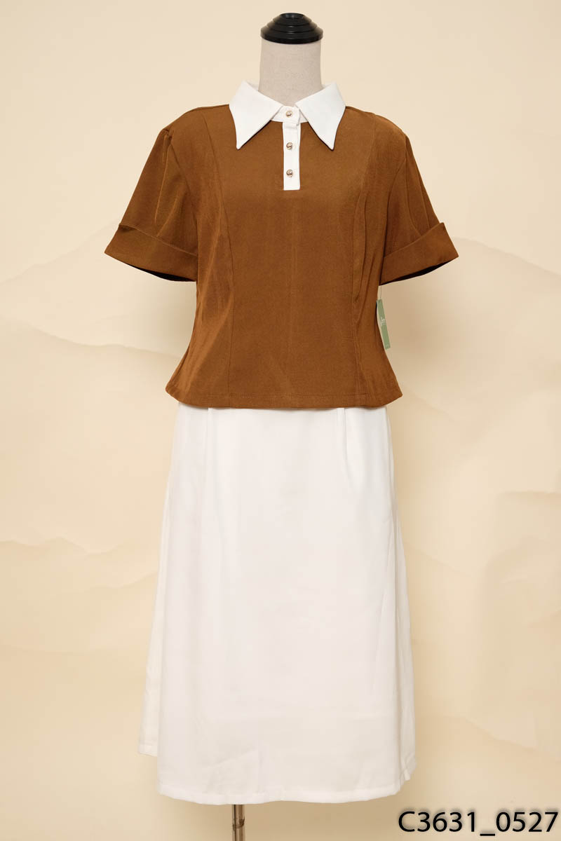 NHUNG LÊ-Set áo polo nâu + chân váy trắng New Tags