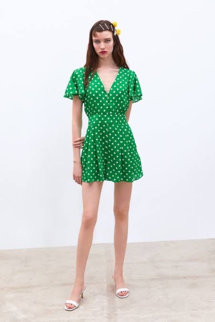 Jumpsuit xanh chấm bi trắng Zara