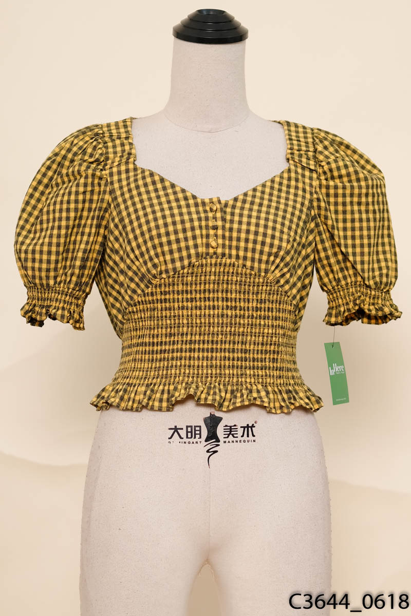 ONLY- Áo kẻ caro vàng đen chun eo