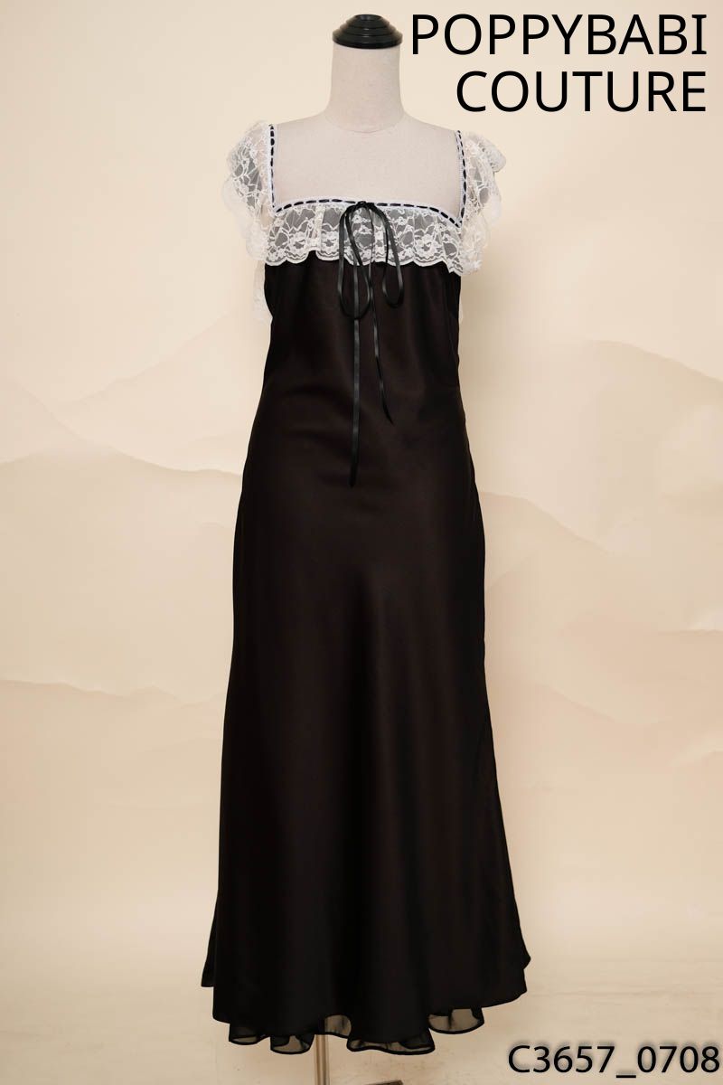 POPPYBABI COUTURE- Đầm 2 dây lụa đen viền ren