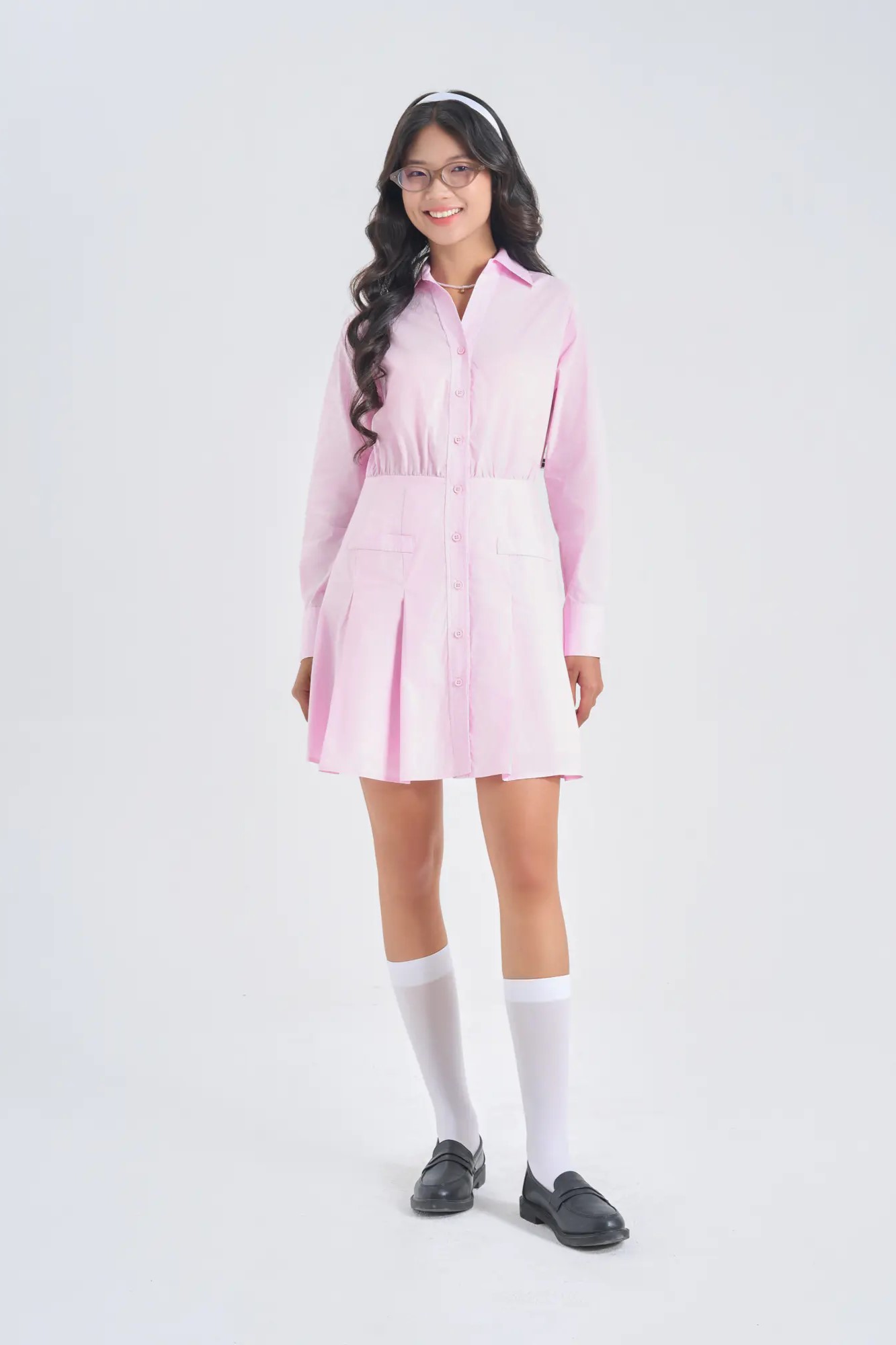 Đầm sơ mi hồng canifa