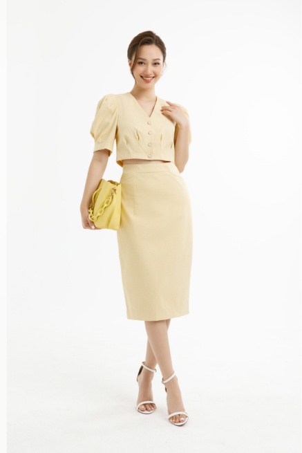 Set áo kẻ caro vàng + chân váy IVY MODA