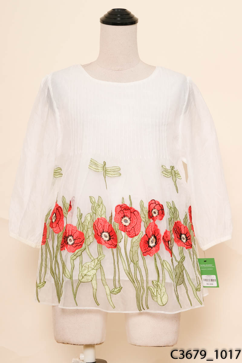 Áo voan trắng thêu hoa đỏ New Tags