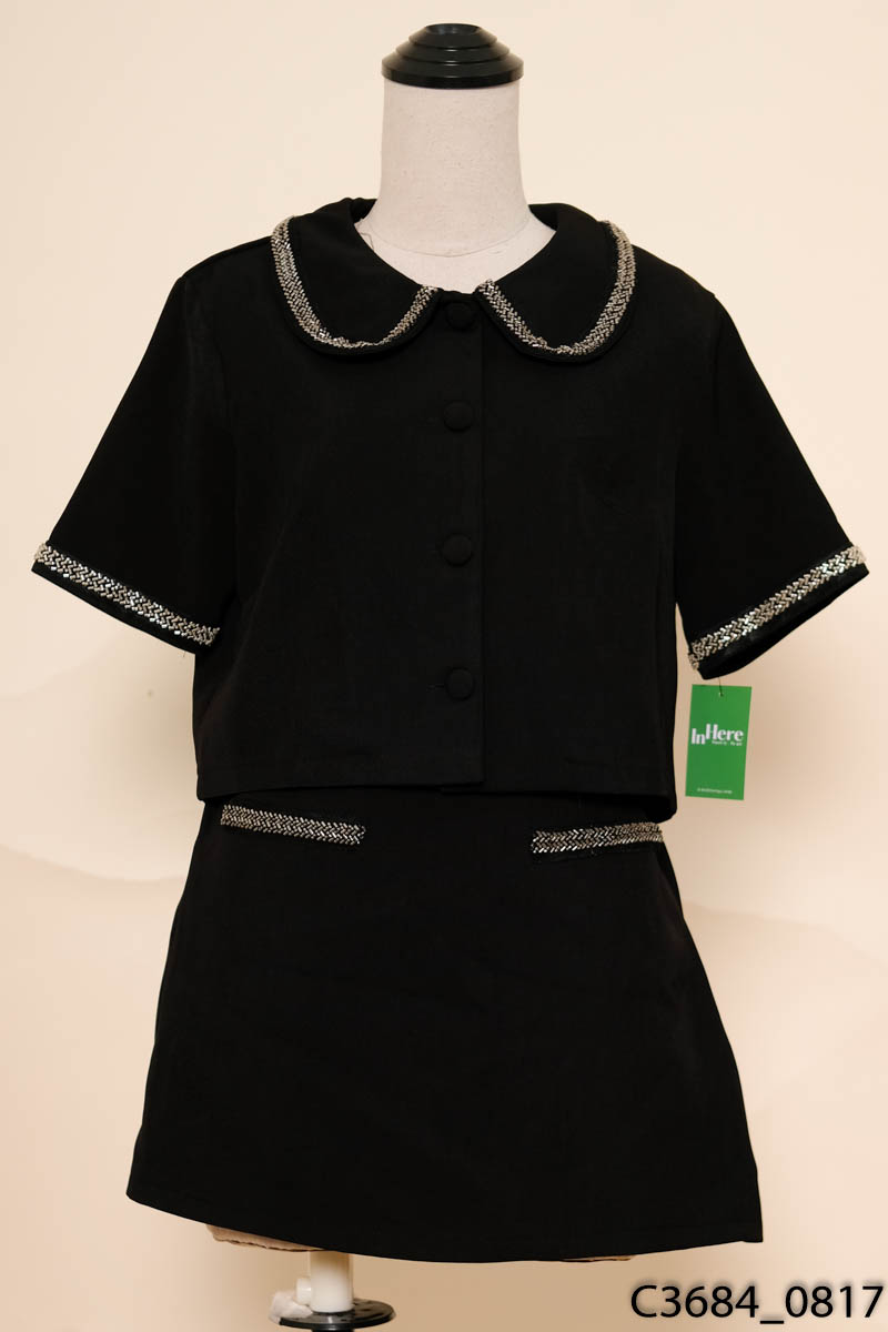 Set áo đen đính đá cộc tay + chân váy