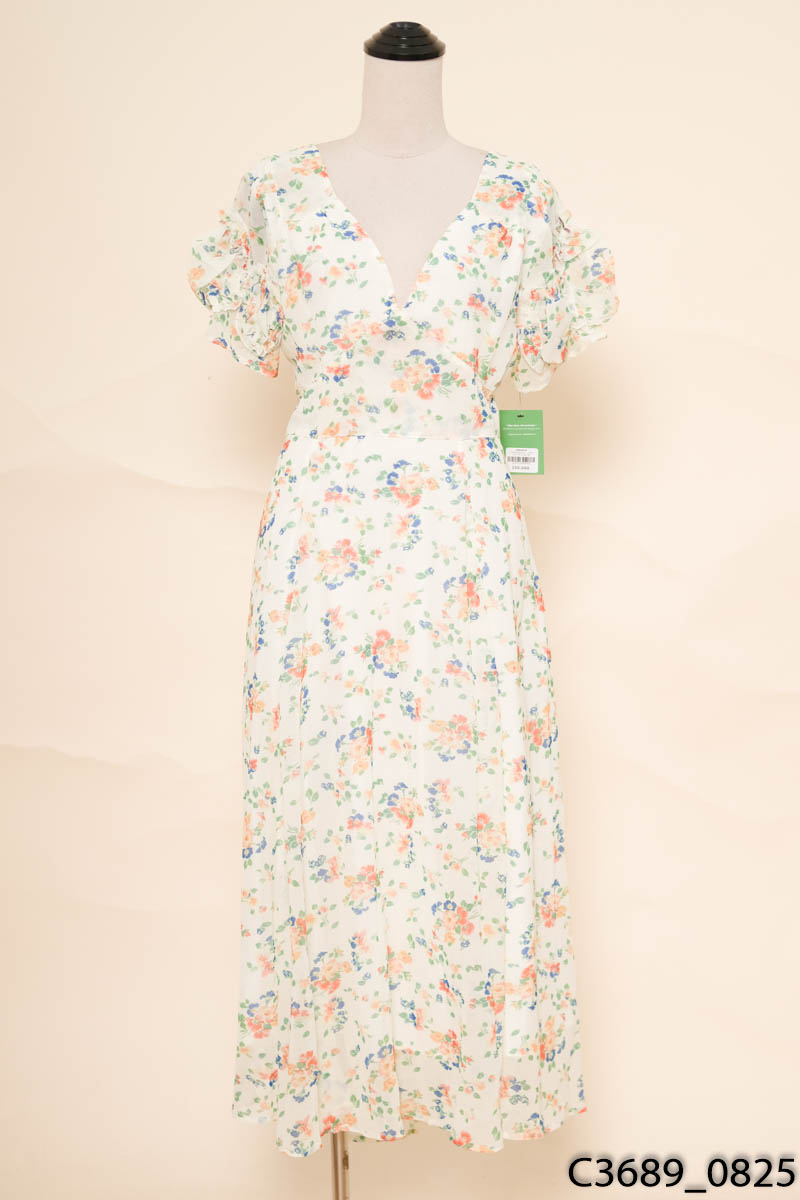Đầm xanh cổ V họa tiết hoa New Tags