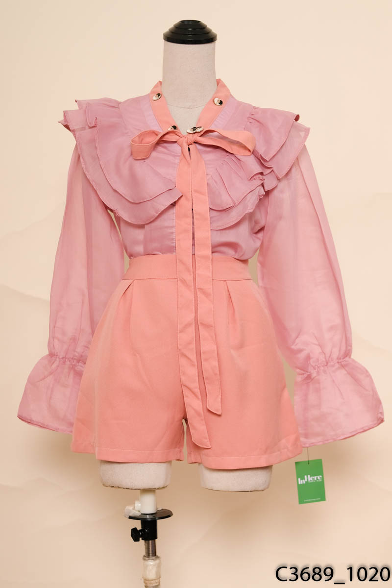 Set áo tím dài tay + quần shorts hồng cam