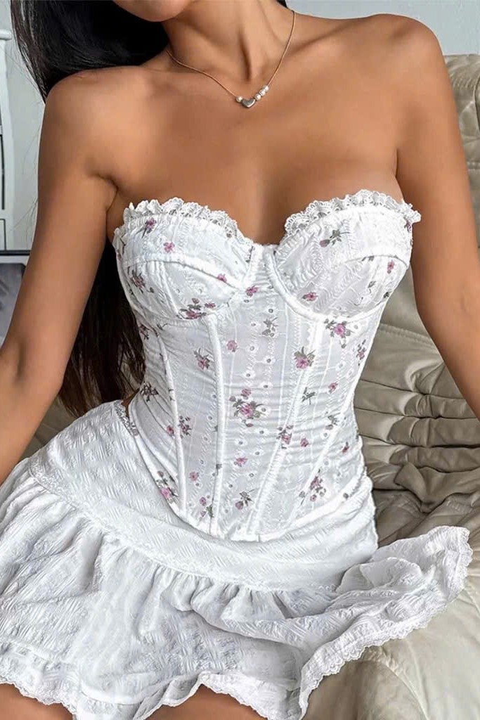 Áo corset trắng hoa tím