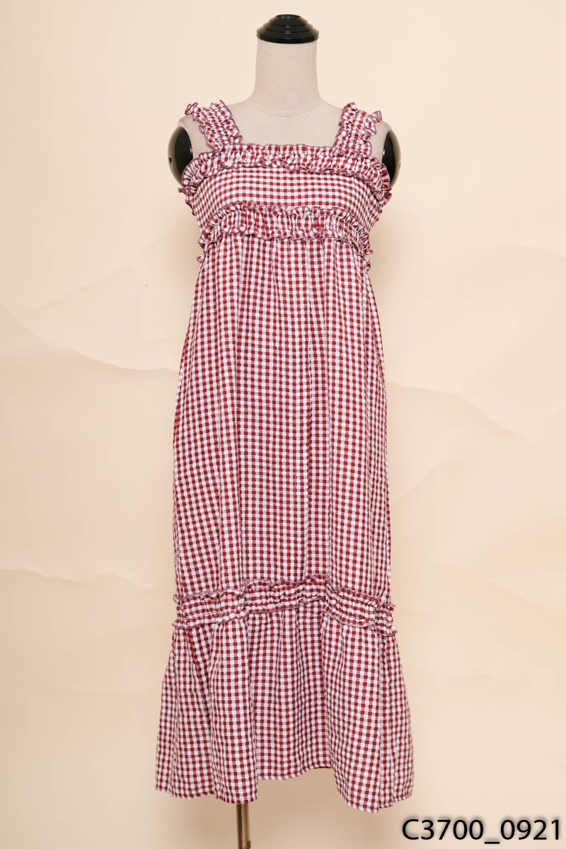 Đầm 2 dây kẻ caro đỏ trắng New Tags