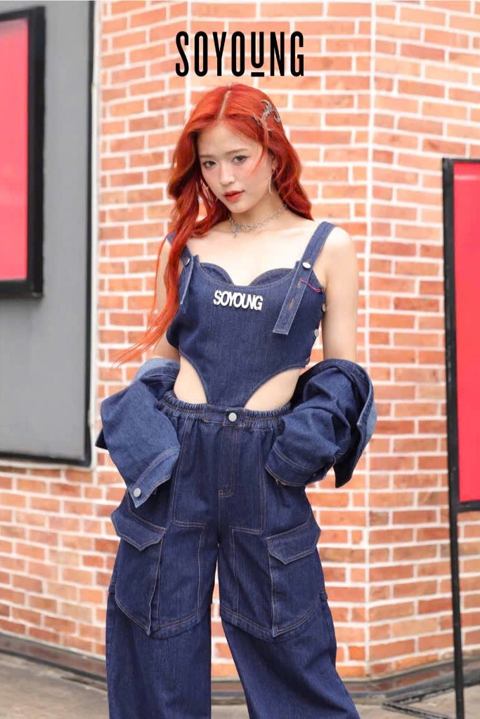 SOYOUNG - Quần yếm jeans xanh New Tags