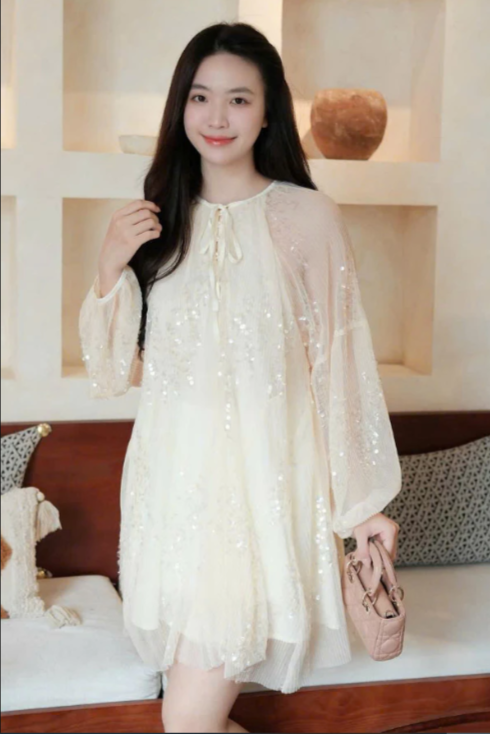 DTM BY THAO MY- Đầm lưới be phối sequin
