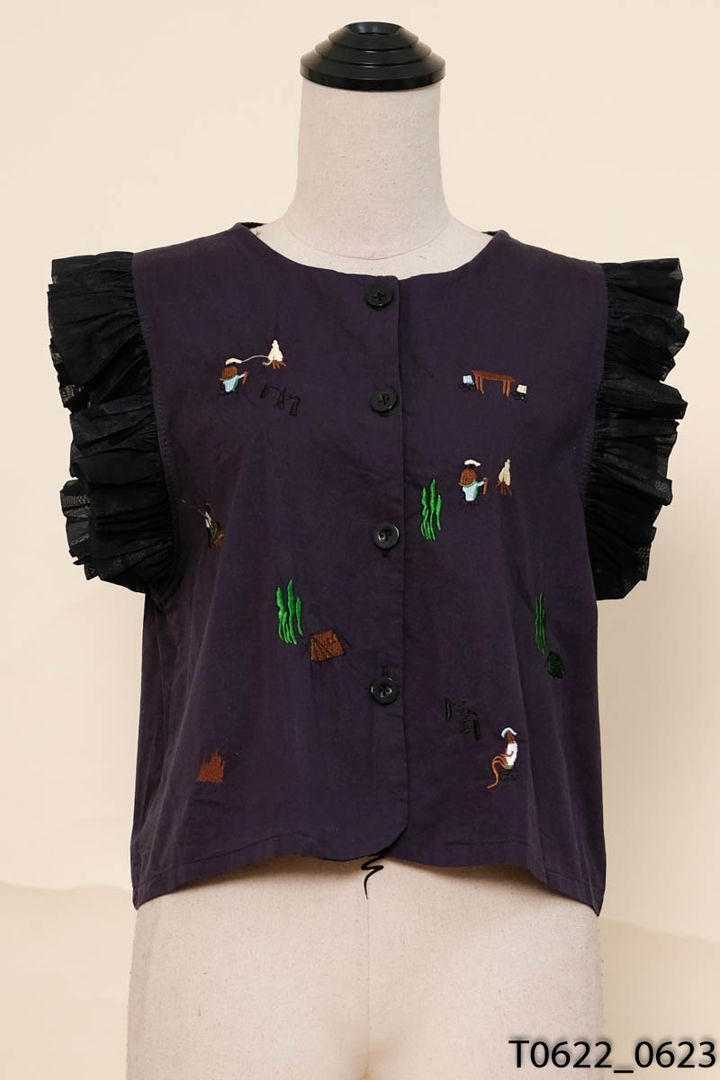 Áo linen xanh than họa tiết thêu