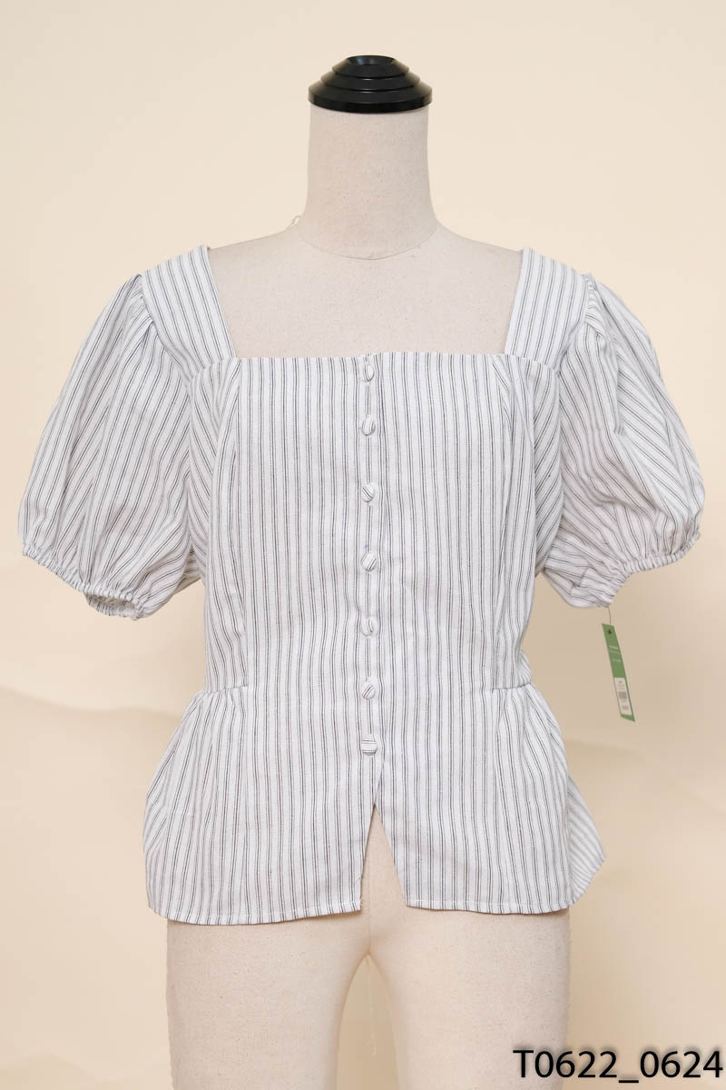 HUYEN LUCIE- Áo cổ vuông trắng kẻ sọc đen New Tags