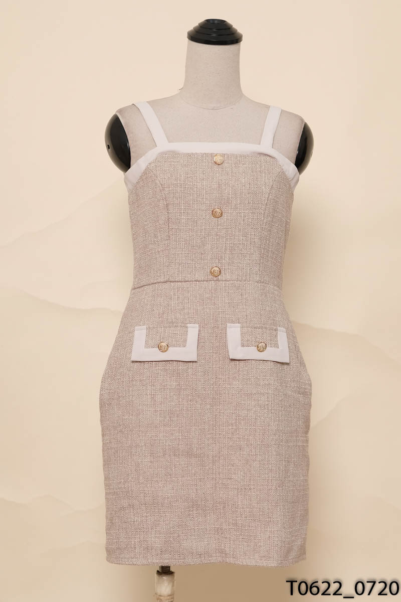 Đầm 2 dây dạ tweed kem gạo