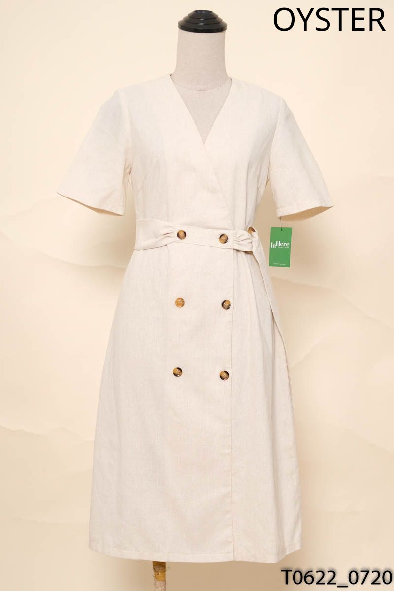 Đầm linen be cổ V cộc tay Oyster and Snail