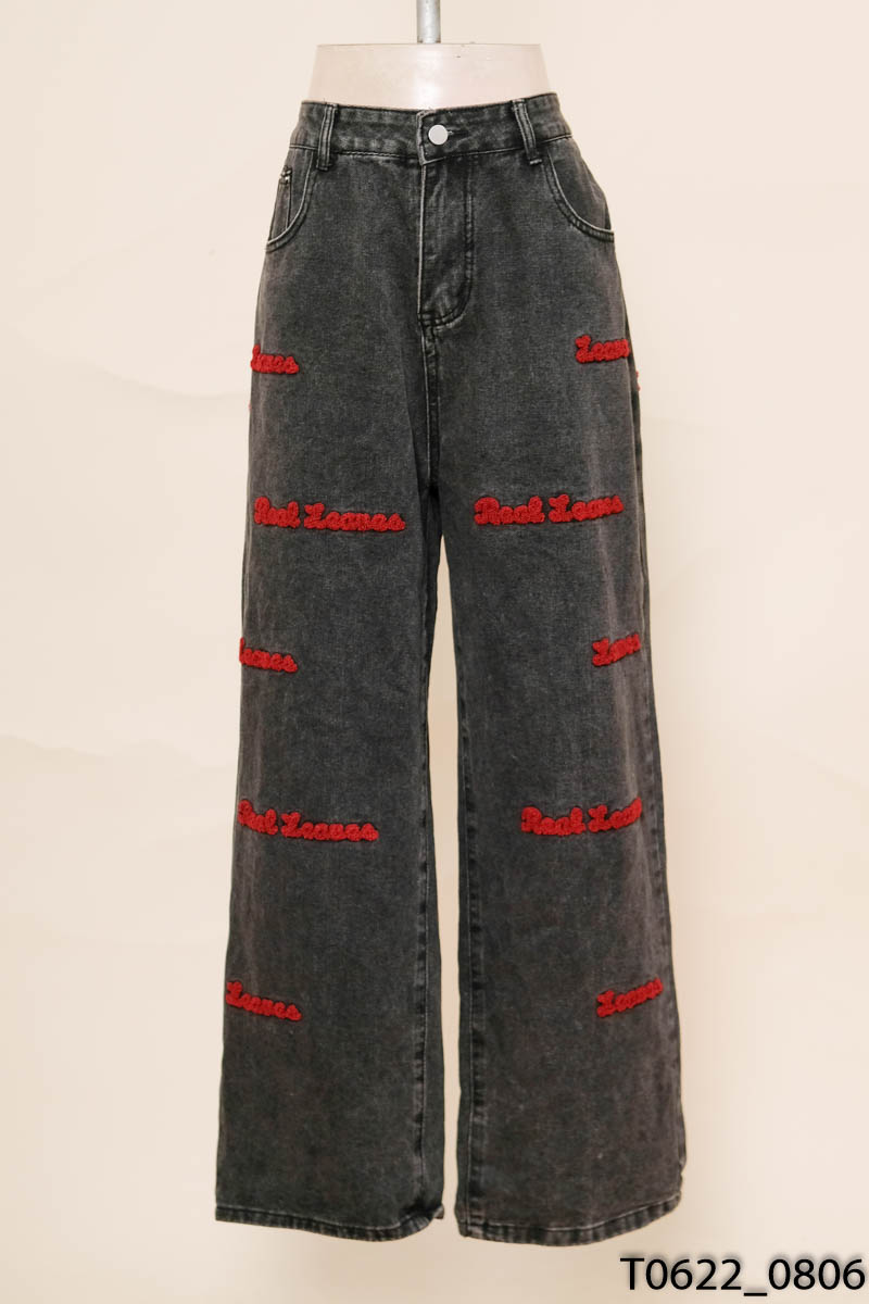 Quần jeans xám đen ống rộng họa tiết