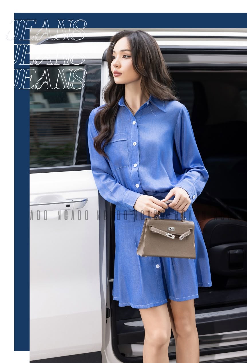 Đầm sơ mi xanh dài tay ngado