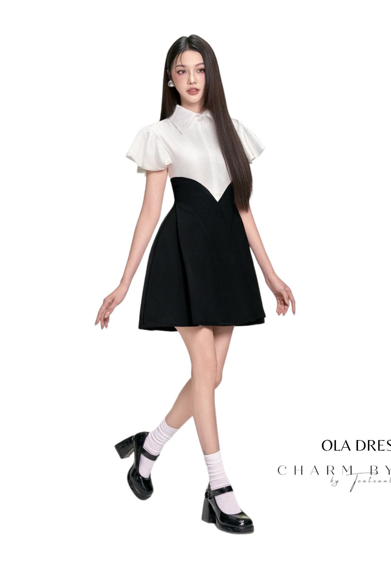 CHARM BY TEA - Đầm trắng phối đen