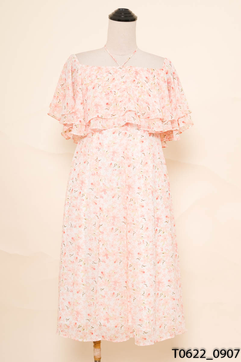 Đầm trắng phối hồng họa tiết tay cánh rơi daisy
