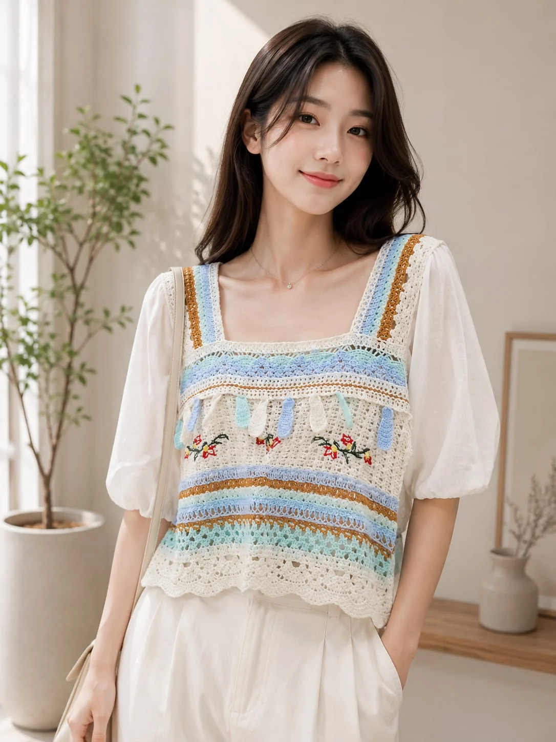 Áo be phối xanh cổ vuông họa tiết