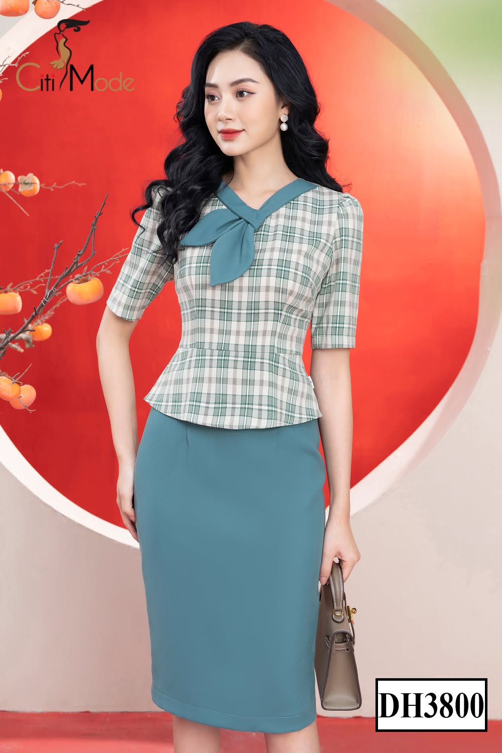 CITI MODE - Đầm xanh phối be kẻ cộc tay
